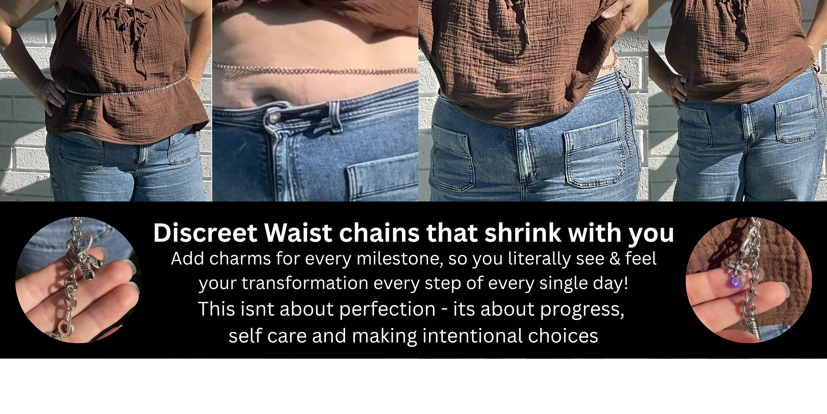 Waist chain product with text about shrinkage and personalization.