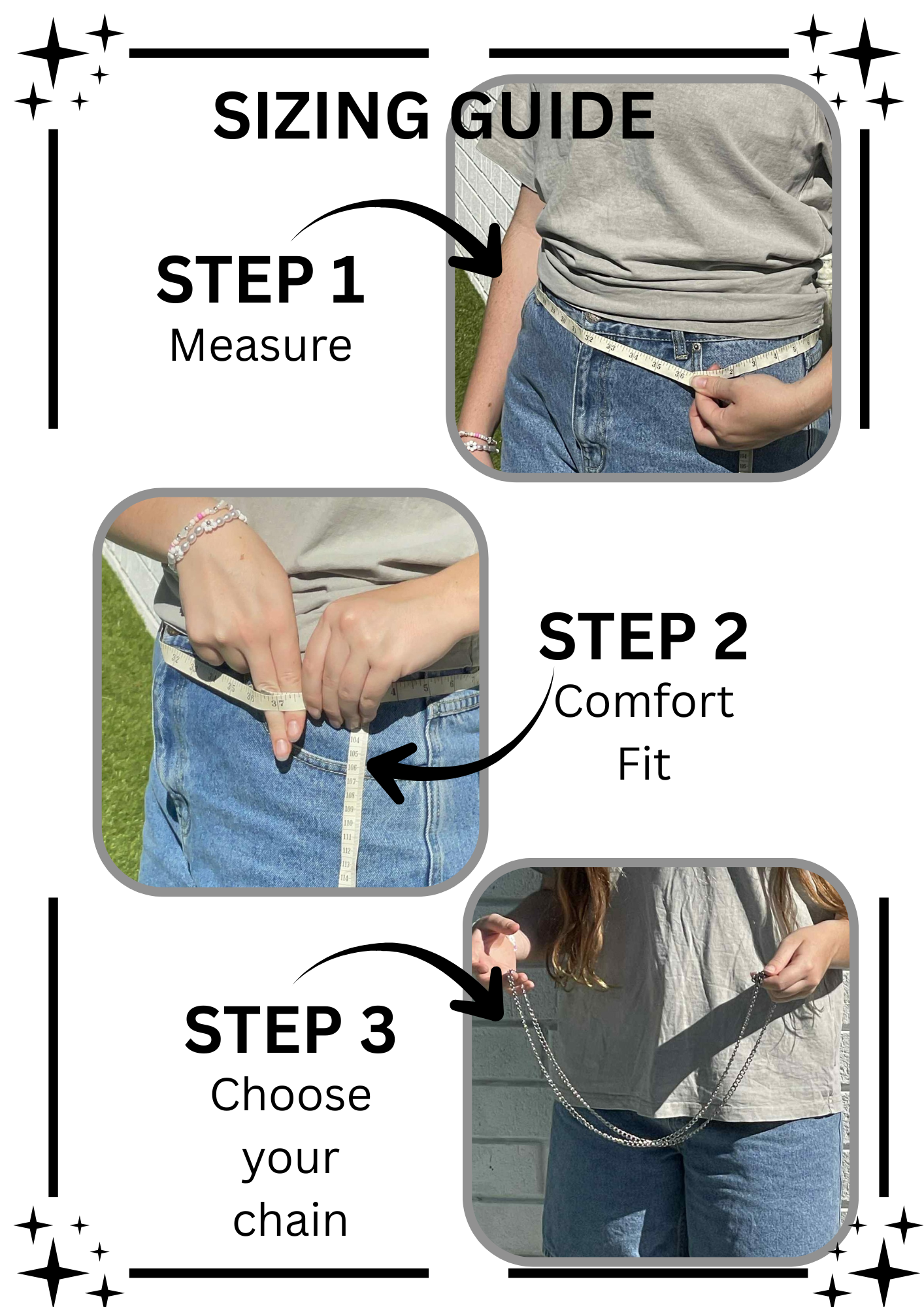 Sizing guide for measuring and choosing a chain, with step-by-step instructions.